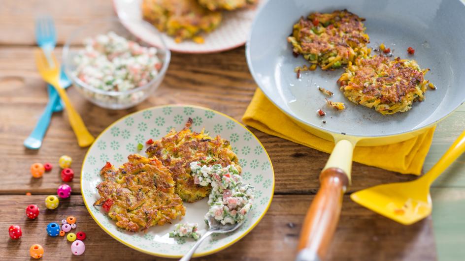 Süßkartoffel-Paprika-Rösti mit Cottagecheese-Dip